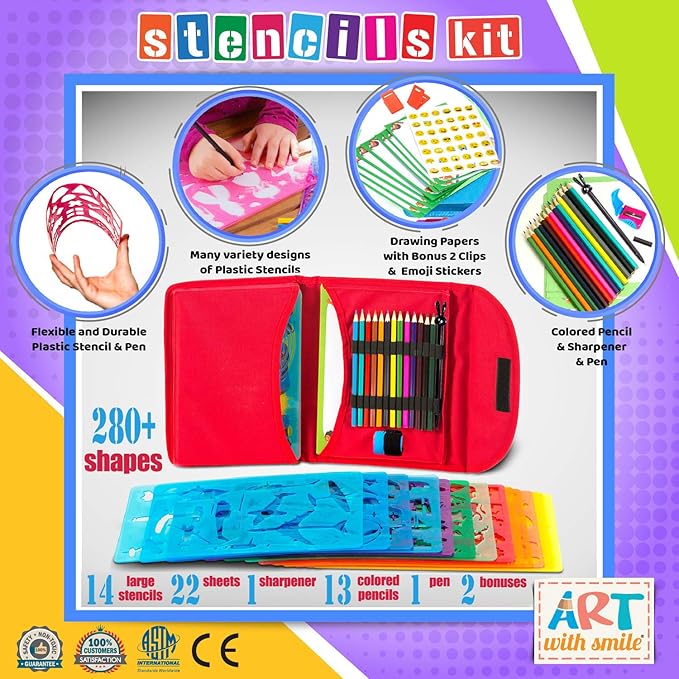 Drawing Stencils for Kids Kit & Carry Case – – Child-Safe, Non-Toxic Stencil Set with 300 Shapes, Colored Pencils, Paper, Etc. – Birthday Gifts & Travel Art Supplies for Creativity, Learning and Fun
