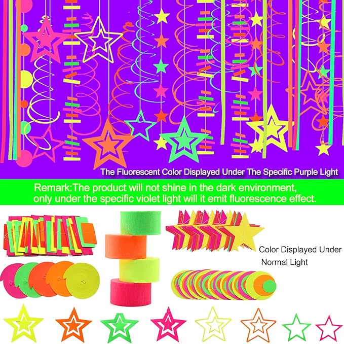 508ft UV Neon Paper Garland Crepe Streamers Glow in The Dark Party Supplies Garland Neon Party Decorations Streamers for Blacklight Reactive Fluorescent Wedding Birthday Party Decorations