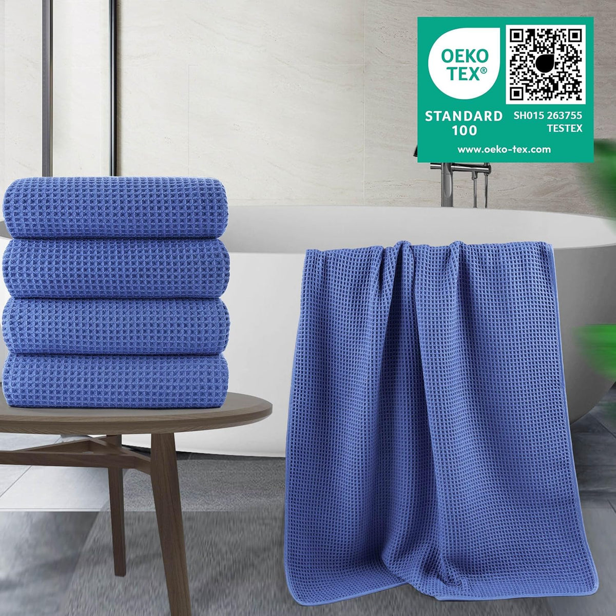 POLYTE Microfiber Oversize Quick Dry Lint Free Bath Towel, 60 x 30 in, 4 Pack (Waffle Weave)