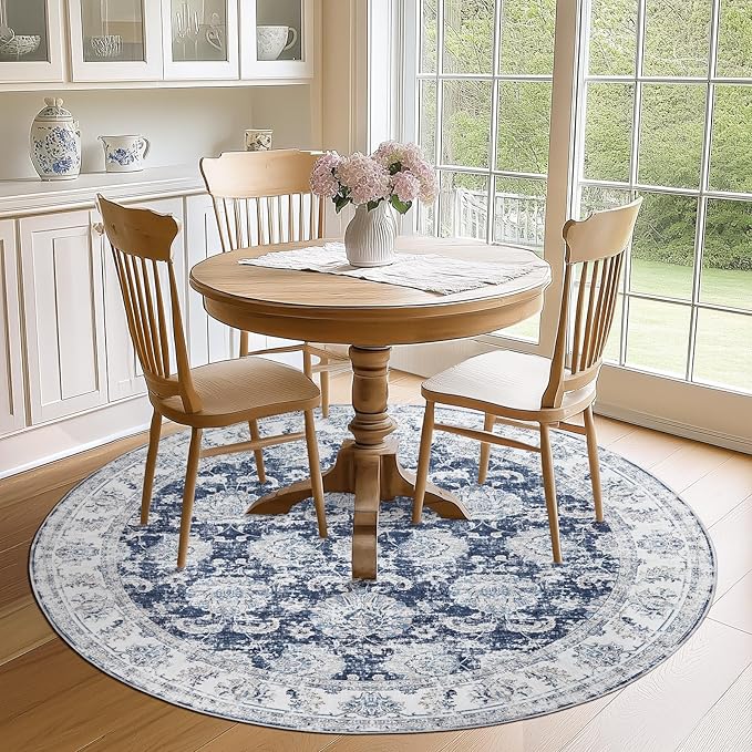 jinchan Round Rug 6ft Area Rugs Vintage Floral Distressed Design - Machine Washable Non-Slip Low-Pile Ultra-Thin Circle Rug for Entryway Bedside Living Room Dining Room Bedroom (6' Round,Dark Blue)