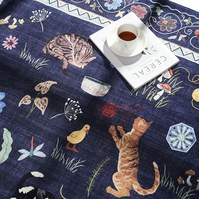 Rugcomf Door Mat Indoor Entrance 2x3 Rug Machine Washable Boho Floral Animal Cat Small Area Rug Non-Slip Low Pile Throw Rugs for Entryway Kitchen Front Door Entry Kids Room, Cobalt Blue