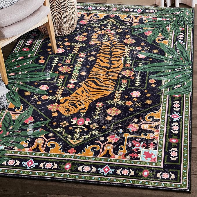 Oriental Tropical Washable Rugs, Thin Black Boho Vintage Distressed Hippie 4x6 Area Rugs for Living Room Bedroom Kitchen Entryway Dorm, Abstract Botanical Animal Tribal Indian Accent Carpet