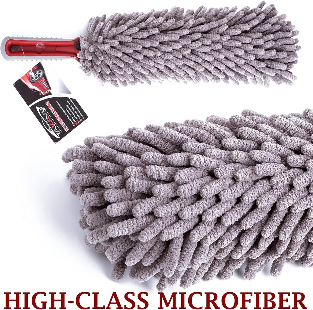 Car Duster Interior by TAKAVU, 360° Microfiber Fingers, Unbreakable Comfort Handle, Lint and Scratch Free, Include Microfiber Towel, for Car & Home Use, The Best Auto Accessories Gray
