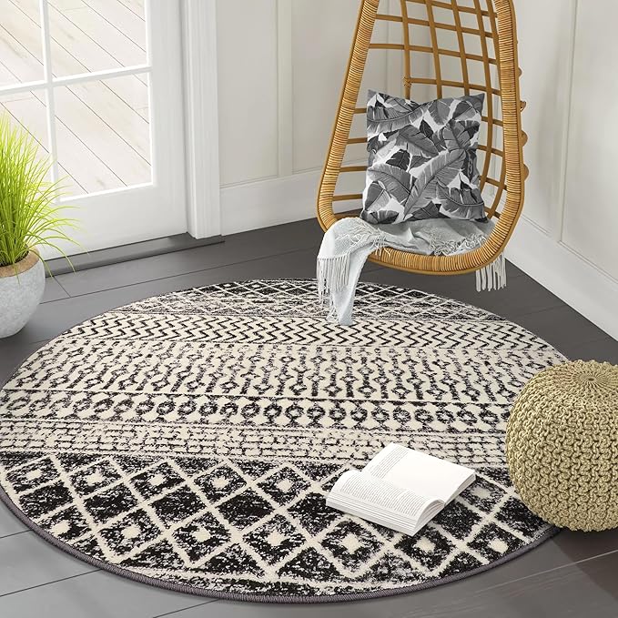 Moroccan Round Rug 3ft, Black Distressed Entryway Rug Non-Slip Circle Rug, Washable Non-Shedding Throw Rugs Indoor Door Mat for Bedroom Bathroom Kitchen Laundry Room Nursery