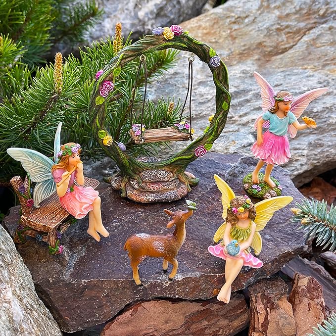 Mood Lab Fairy Garden Kit - Swing Set of 6 pcs Miniature Figurines & Accessories - Hand Painted for Outdoor or House Decor