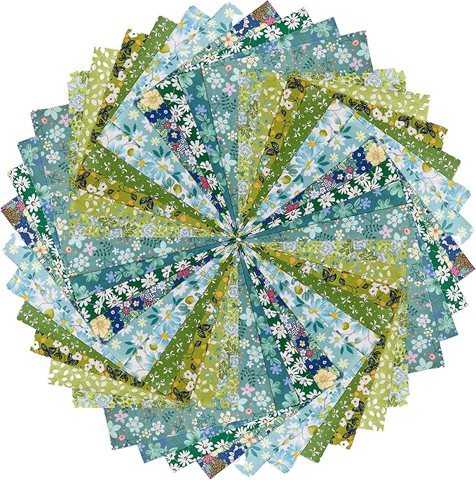 HANPATQUI 50PCS 5 x 5 inch Green Printed 100% Cotton Fat Quarters Fabric for Sewing and Quilting Bundles Precut Fabric Square for DIY Craft Patchwork