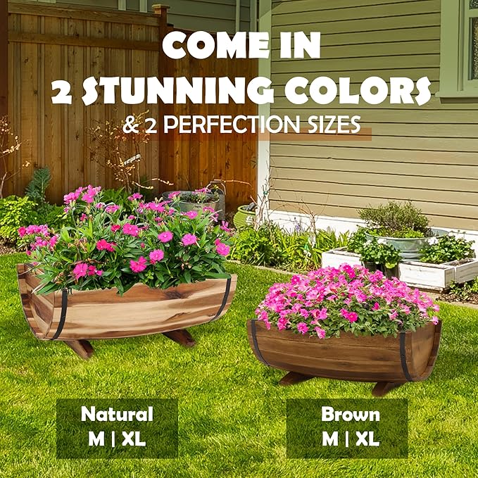 IDZO Solid Acacia Wood Half Barrel Planters Outdoor Set of 2 Different Sizes, Wooden Planters for Outdoor Plants with Metal Bands & Drainage Holes, Legs Included, Brown