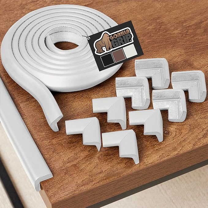 GORILLA GRIP Baby Proof Corners and Edges for Furniture, Kid Proofing Adhesive Table Corner Protectors, Heavy Duty Soft Rubber Foam Protection, Includes 8 Protective Safety Guards, 18 Feet, Off White