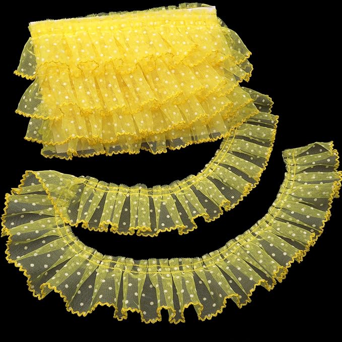 Dots Lace Ruffle Trim for Sew, Crafts 2.4" x5yd Single Layer Pleated Edge Lace Ribbon (Yellow)
