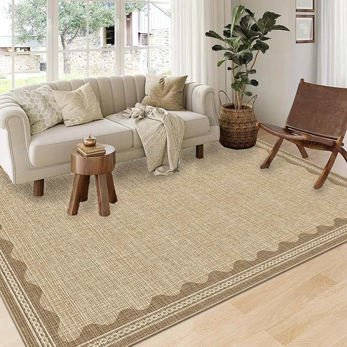 Scalloped Washable Rug 10x13 Area Rugs for Living Room, Solid Tan Rug for Bedroom Girls, Non Slip Throw Carpet with Rubber Back, Soft Dorm Nursery 10x13 Scalloped Rugs for Dining Room