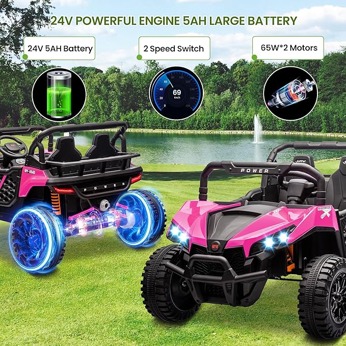 24V 2 Seater Ride On Car Truck, Power Wheels Kids UTV w/Parent Remote Control, 3.1 MPH Max Speed, Music Player, LED Lights & Storage, Electric Vehicle Ride On Toy for Kids Toddler Ages 3-8, Pink