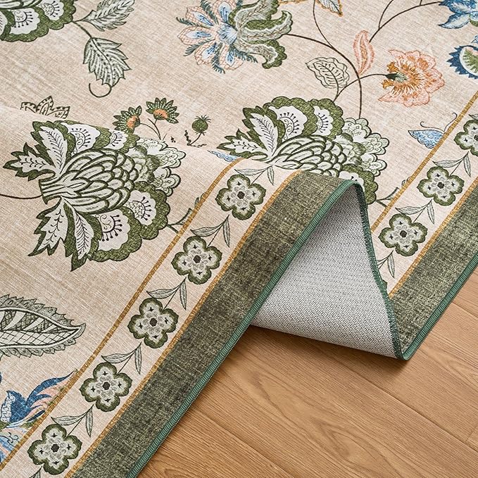 jinchan Floral Corner Rug for Living Room Washable Bedroom Rug Vintage Romance Design Non Slip Quarter Circle Lightweight Low-Pile Throw Carpet for Reading Nook Playroom,7ft Radius, Green/Beige