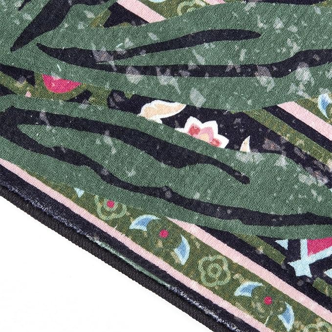 Oriental Tropical Indoor Door Mat Washable, Thin Black Boho Vintage Distressed Hippie 3x5 Throw Rugs for Bedroom Bathroom Kitchen Non-Slip Abstract Botanical Tribal Indian Entryway Carpet