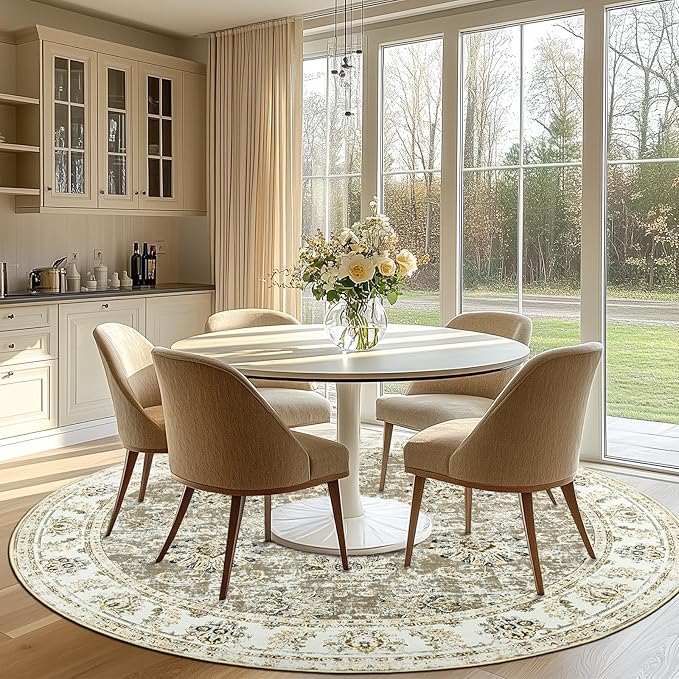 jinchan Round Rug 8ft Area Rugs - Vintage Floral Distressed Design Machine Washable Non-Slip Low-Pile Ultra-Thin Circle Rug for Living Room Dining Room Bedroom Home Office Farmhouse (8' Round,Taupe)