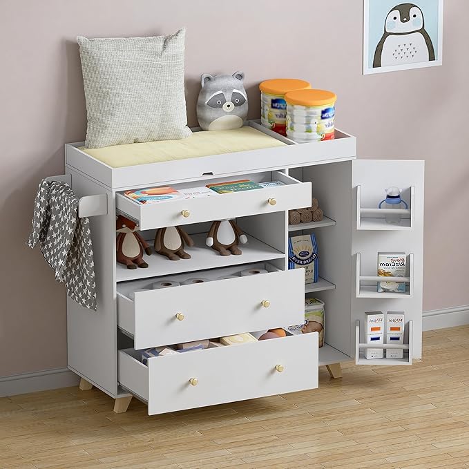 PAKASEPT Changing Table Modern Dresser with Wide Table Top, 3 Drawers, White Drawer Dresser