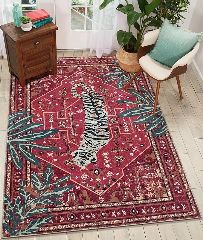Tribal Rugs Summer Tropical 4x6 Area Rugs Wine Red Traditional Boho Vintage Oriental Rug Carpet for Bedroom Kitchen Dining Living Room Indoor Entryway Washable