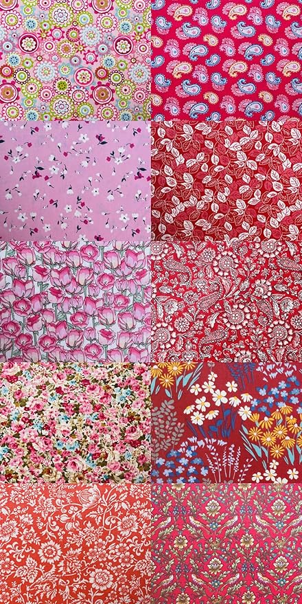 HANPATQUI 50PCS 10 x 10 inch Red Printed 100% Cotton Fat Quarters Fabric for Sewing and Quilting Bundles Precut Fabric Square for DIY Craft Patchwork