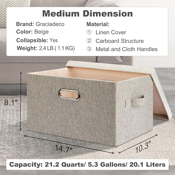 Medium 15" 21 Quart Collapsible Stackable Storage Bins with Lids, 1 Pack Beige Foldable Fabric Closet Storage Boxes with Lids, Heavy-duty Linen Baskets for Bedroom
