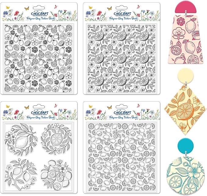 CHGCRAFT 4 Sheets 4 Styles Vintage Lemons Polymer Clay Texture Sheets Lemon Slices Silicone Texture Stamp Flowers Modeling Pattern Pad Texture Sheets for Making Earrings Jewerly, 5.5x5.5 inch