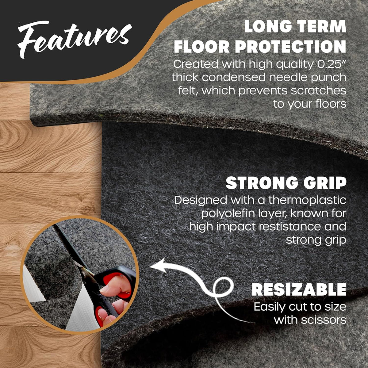 Nevlers 6x9 Rug Pad Non Slip – 1/4" Thick Felt TPO Dual-Layer Grip Mat | Anti Skid Rug Gripper for Hardwood Floors & More, Customizable Carpet Pad for Floor Protection, Floor Padding for Added Comfort