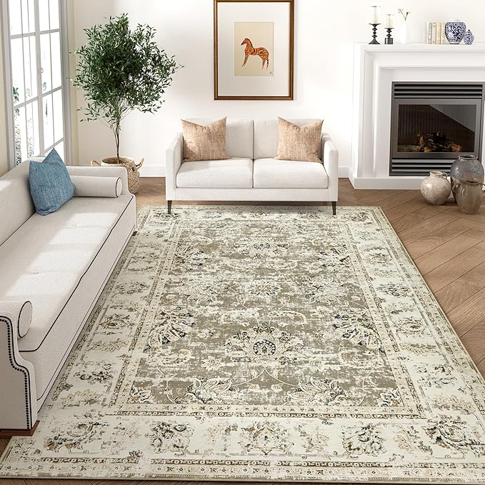 jinchan Washable Area Rug 8x10 for Living Room - Soft Faux Wool Ultra-Thin Stain Resistant Non-Slip Distressed Vintage Floral Large Carpet for Bedroom,Dining Room,Home Office,Nursery(Taupe, 8'x10')
