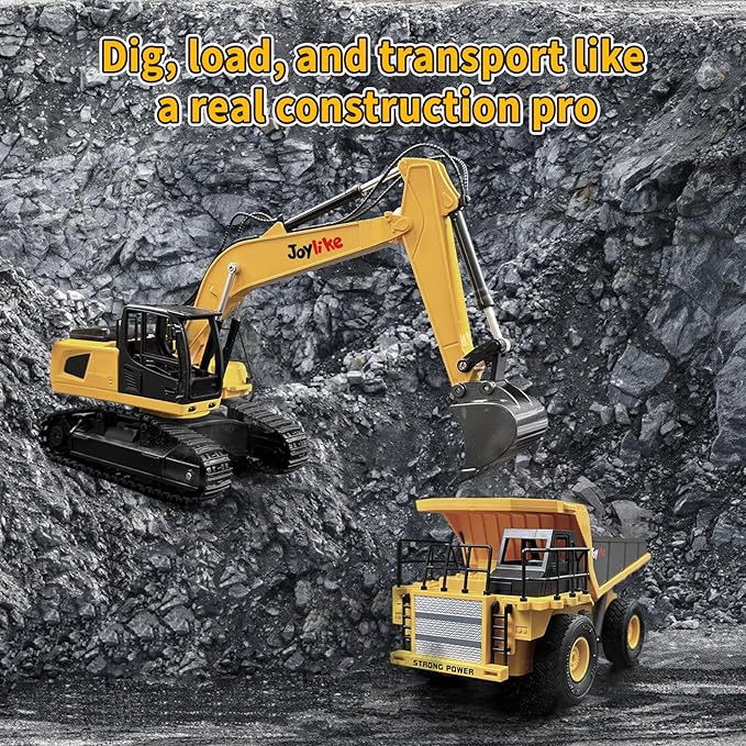 RC Excavator and Dump Truck Toy Set，2.4Ghz Metal Remote Control Construction Vehicle with Light&Sound, Best Christmas Toy for Boys 8+Year Old Kid