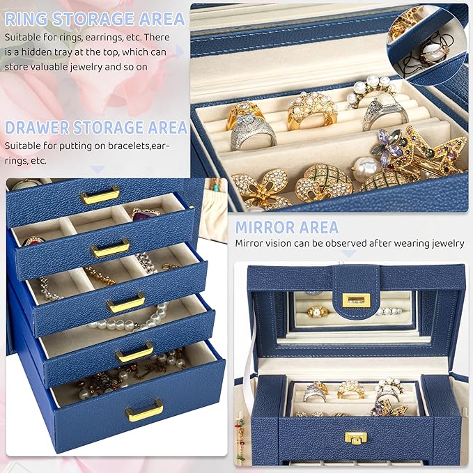 AKOZLIN Jewelry Box Organizer Functional Leather Jewelry Storage Case for Women Girls Ring Necklace Earring Bracelet Holder Organizer with Mirror Blue