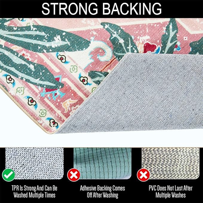 Washable Pink Rugs Boho Vintage Tropical Jungle 9x12 Area Rugs Tribal Oriental Carpet for Bedroom Kitchen Dining Living Room Office Distressed Indoor Cute Nursery Rug