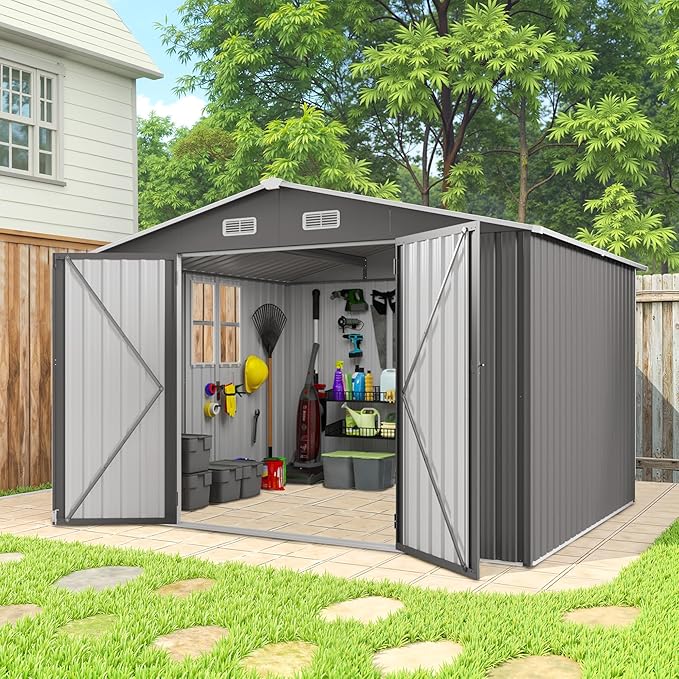 10x8 FT Outdoor Storage Shed, Large Metal Tool Shed with Peaked Roof and Lockable Door, Galvanized Steel Garden Shed with Clear Window for Backyard Garden Patio Lawn, Gray
