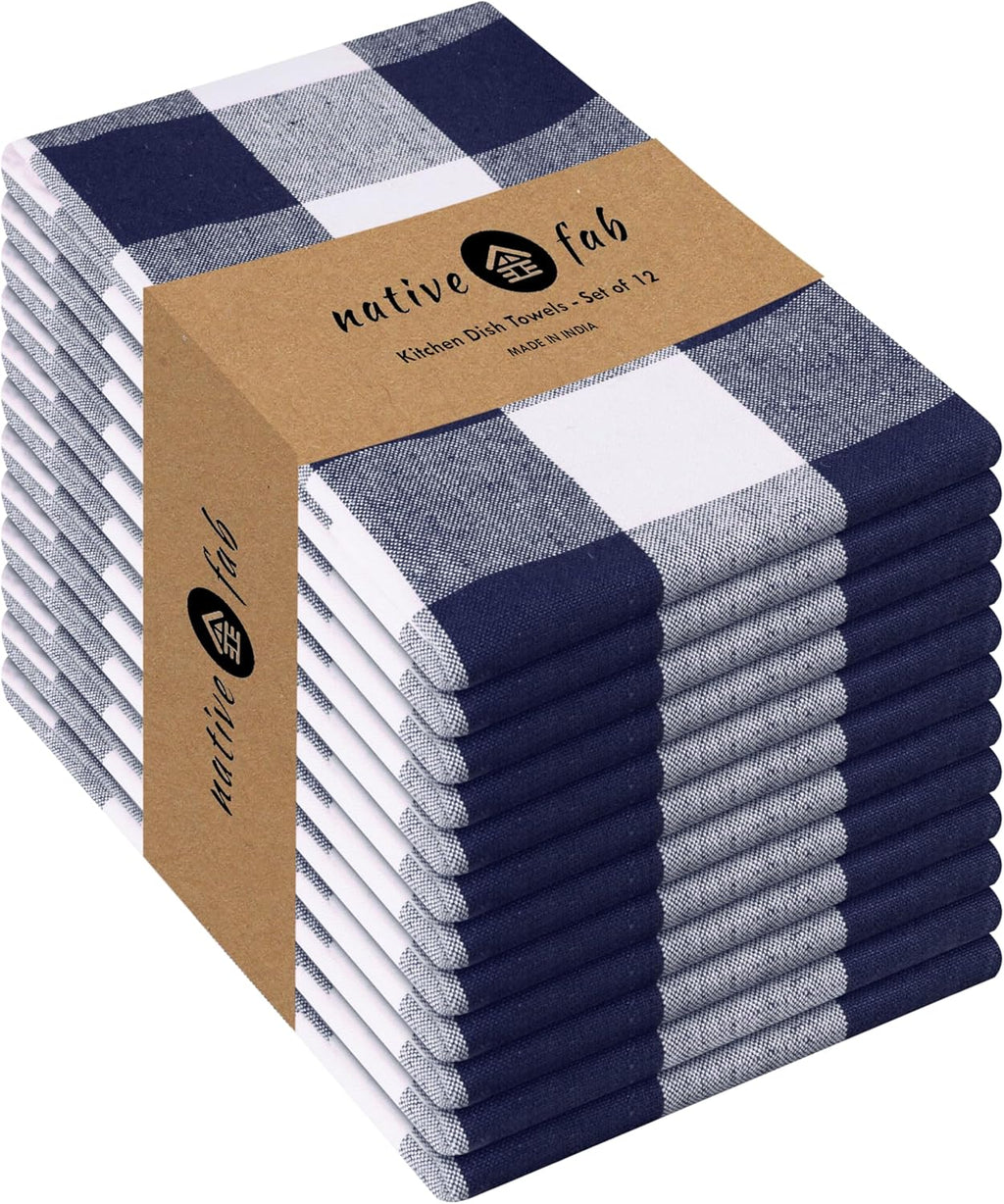 Native Fab 12-Pack Kitchen Towel with Hanging Loop 16x26 inches, Cotton Buffalo Check Kitchen Towels for Cleaning Drying, Washcloths Soft & Absorbent Cloth Rags, Bar Towel, Dish Cloth, Navy
