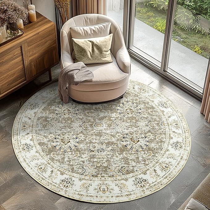 jinchan Round Rug 6ft Area Rugs Vintage Floral Distressed Design - Machine Washable Non-Slip Low-Pile Ultra-Thin Circle Rug for Entryway Bedside Living Room Dining Room Bedroom (6' Round,Taupe)