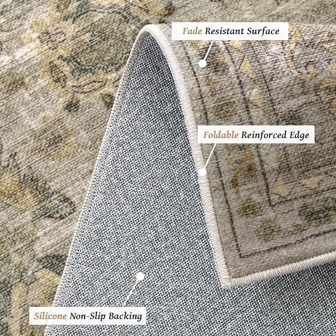 Washable 4x6 Rugs for Living Room, Boho Non-Slip Silicone Backing Small Rugs for Bedroom Nursery Office, 0.3" Neutral Oriental Throw Carpet with 0.16" Cushioning Pad, Light Brown/Multi