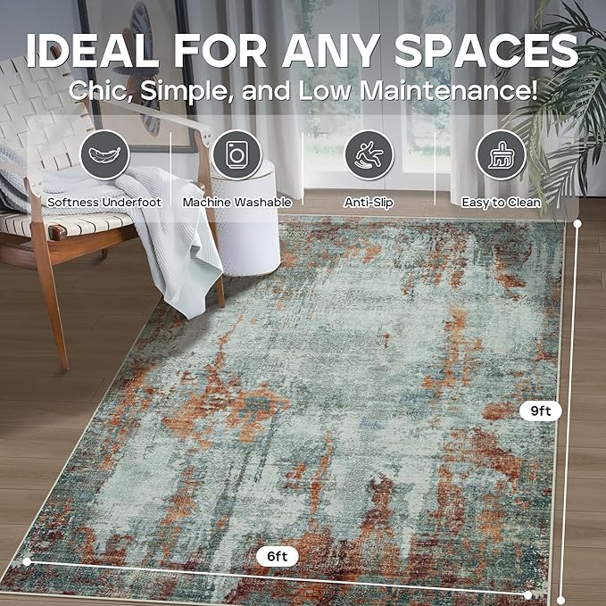 6x9 Area Rugs for Living Room Rug Washable: Modern Rug for Dining Room Bedroom Carpet Non Slip Low Pile 6 by 9 Indoor Abstract Nursery Home Office Red Brown