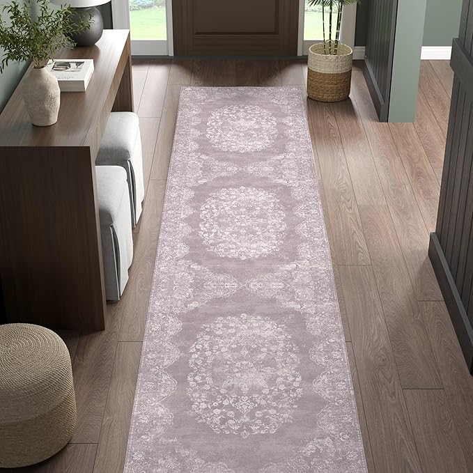 jinchan Hallway Runner Rug 2x8 Vintage Floral Distressed Design - Machine Washable Non-Slip Low-Pile Soft Thin Faux Wool Kitchen Carpet for Farmhouse Bedroom Laundry Room(2x8ft,Orchid)