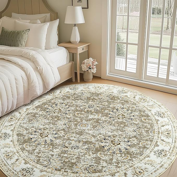 jinchan Round Rug 8ft Area Rugs - Vintage Floral Distressed Design Machine Washable Non-Slip Low-Pile Ultra-Thin Circle Rug for Living Room Dining Room Bedroom Home Office Farmhouse (8' Round,Taupe)