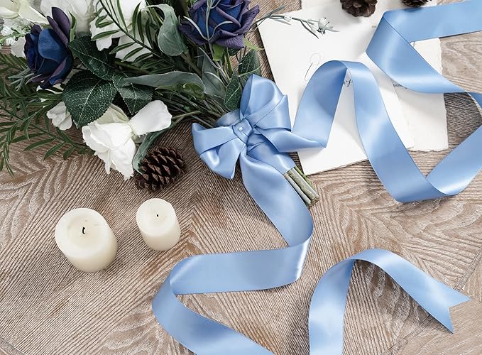 Blue Satin Ribbon 1-1/2 Inch x 50 Yards Double-Faced Ribbons for Gift Wrapping Flower Bouquet Wedding Paper Bows Invitations Crafts