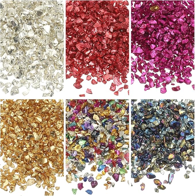 uxcell 6 Colors Crushed Glass Chips, 1-3mm Irregular Glitter Metallic Glass Broken Glasses Pieces with Laser Bag for Craft DIY Vase Epoxy Halloween Decoration 31.5g, Multicolored