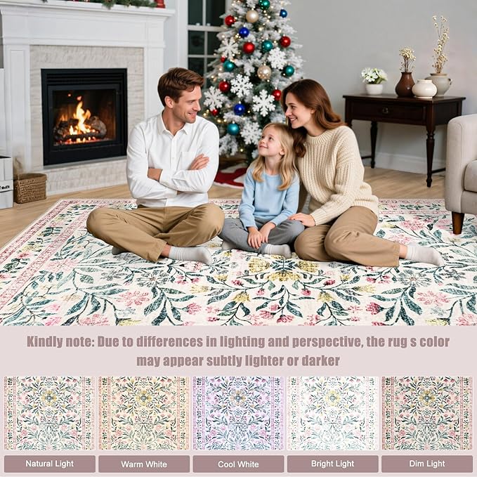 6x9 Area Rugs for Living Room: Floral Washable Rug Vintage Large Soft Boho Non-Slip Carpet Indoor Stain Resistant Thin Carpets for Bedroom Dining Room Farmhouse Nursery Hallway Home Office Pink Green