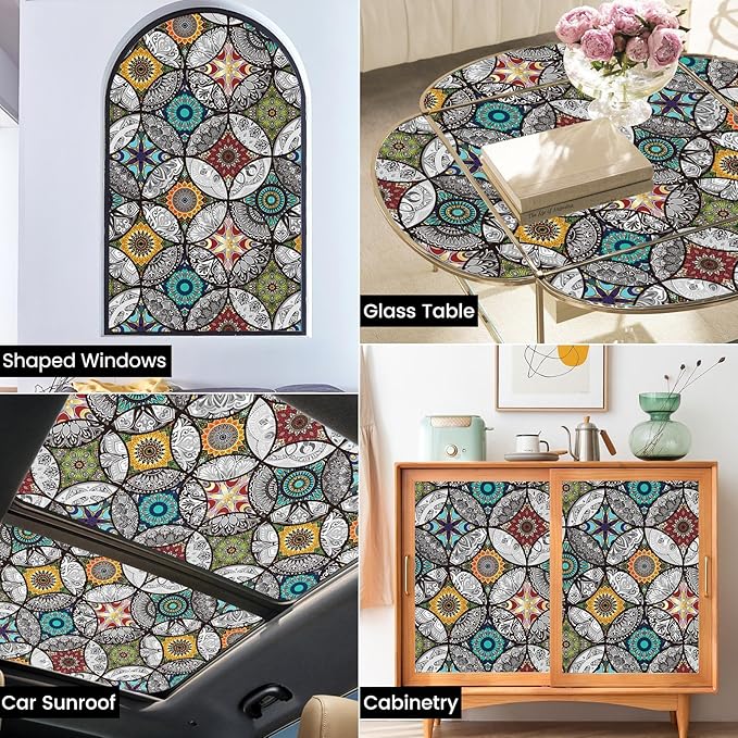 DKTIE Boho Chic Window Privacy Film with Installation Tools - Soften Light, Reduce UV Rays, Decorative Stained Glass Window Tinting Film for Home, Window Clings, 17.7 x 118.1 Inch