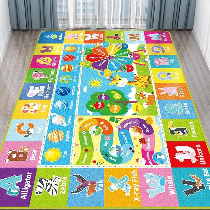 Kids Rug for Playroom, Kids Baby Playmat with Alphabet, Month, Weather, Week and Shapes ABC Educational Rug, Play Mat Carpet for Bedroom Classroom (110.2X78.7 INCH, Ferris Wheel)