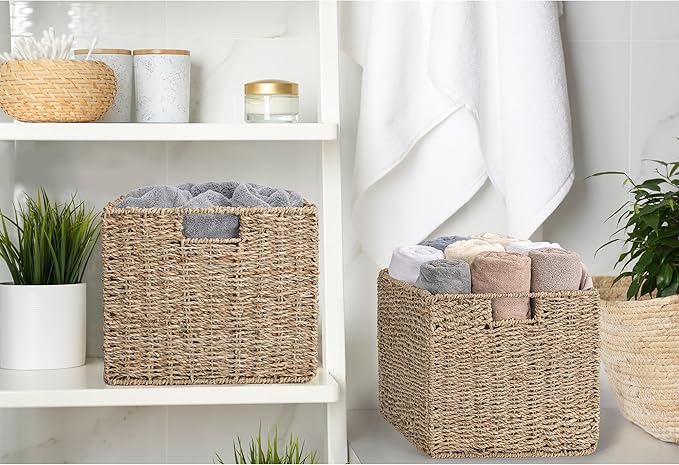 12x12x10in Seagrass Storage Baskets Set of 4, Large Wicker Storage Basket, Decorative Seagrass Shelf Basket, Pantry Baskets Organization,Folding Storage Cube Bins