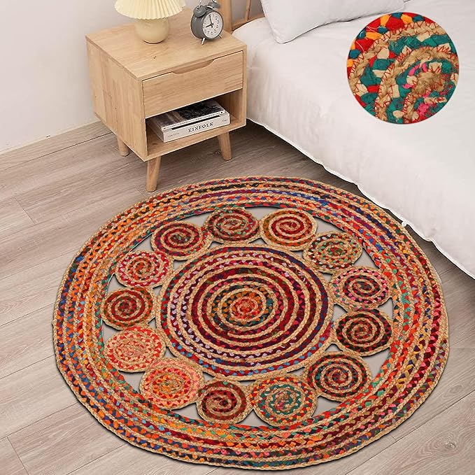 4' Round Handwoven Jute Chindi Area Rug - Colorful Boho Rugs for Living Room - Hand Braided Multicolor Bohemian Rug for Farmhouse, Bedroom, Dining Room, Classroom, Hallway, Kitchen, Office
