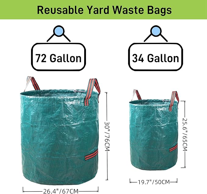 2x72Gallons+1x34Gallons (Free Gloves) Garden Leaf Bags,Reusable Heavy Duty Yard Waste Bag Set,Standable Design and Reinforced 4 Handles for Leaf,Grass,Debris,Camping Trash