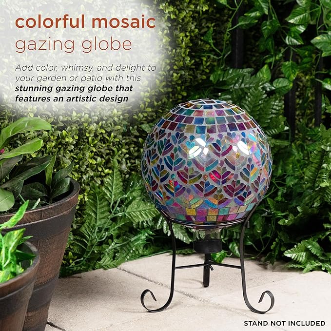 Alpine Corporation - Outdoor Glass Mosaic Peacock Gazing Globe - Iridescent Garden Decor, 10" Diameter, Multicolor