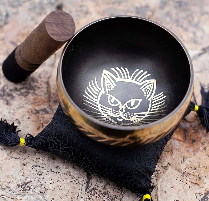 Tibetan Singing bowl Set - Easy To Play Cat Design Meditation Mindful 7 Chakra Sound Healing Handcrated Gift By HIMALAYAN BAZAAR