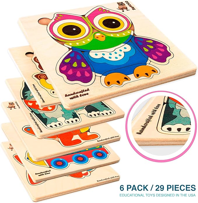 QUOKKA Wooden Puzzles for Toddlers 3-4 - 6XSET Toddler Puzzles Ages 3-4 - Wood Learning Montessori Toys 3-5 Year Old - Preschool Animal Travel Game Gift for Boys & Girls