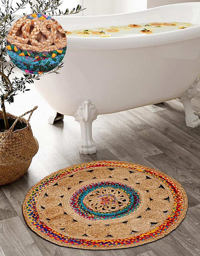 4' Round Handwoven Jute Chindi Area Rug - Colorful Boho Rugs for Living Room - Hand Braided Multicolor Bohemian Rug for Farmhouse, Bedroom, Dining Room, Classroom, Hallway, Kitchen, Office