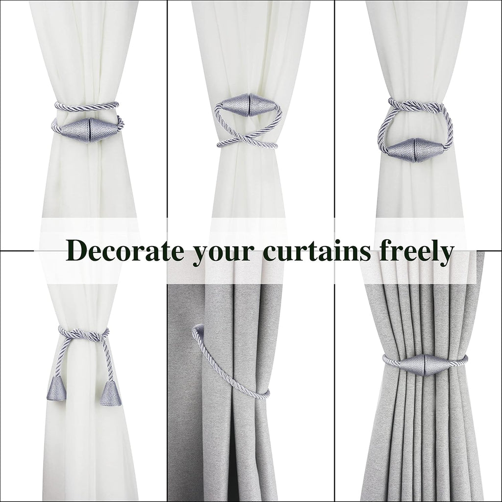 4 Pack Magnetic Curtain Tiebacks Rope Modern Handmade Curtain Tie Backs Decorative Drapes Weave Holdbacks for Window Décor, Grey