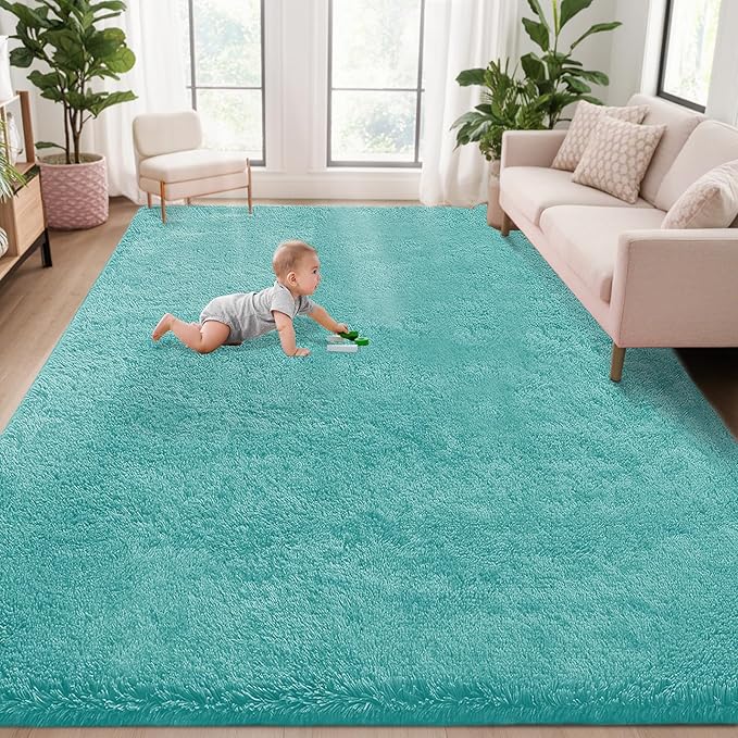 5x7 Area Rug for Living Room: Fluffy Shag Soft Washable Rugs Fuzzy Plush Indoor Carpet for Bedroom Nursery Playroom Dorm Kids Girls Boys Room (Teal Blue, 5'x7')