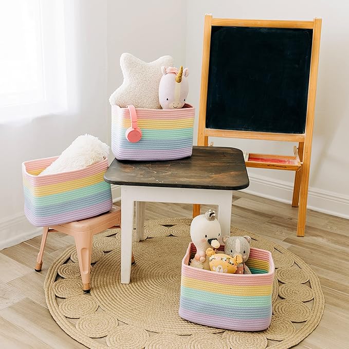OrganiHaus Set of 3 Cute Rainbow Storage Basket for Toys & Cloths, Cotton Rope Basket for Decor, Shoe Basket Organizers, Decorative Pastel Storage Bins, Woven Storage Baskets for Organizing